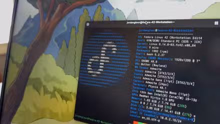 A laptop screen showing Fedora Linux 42 with a terminal open.