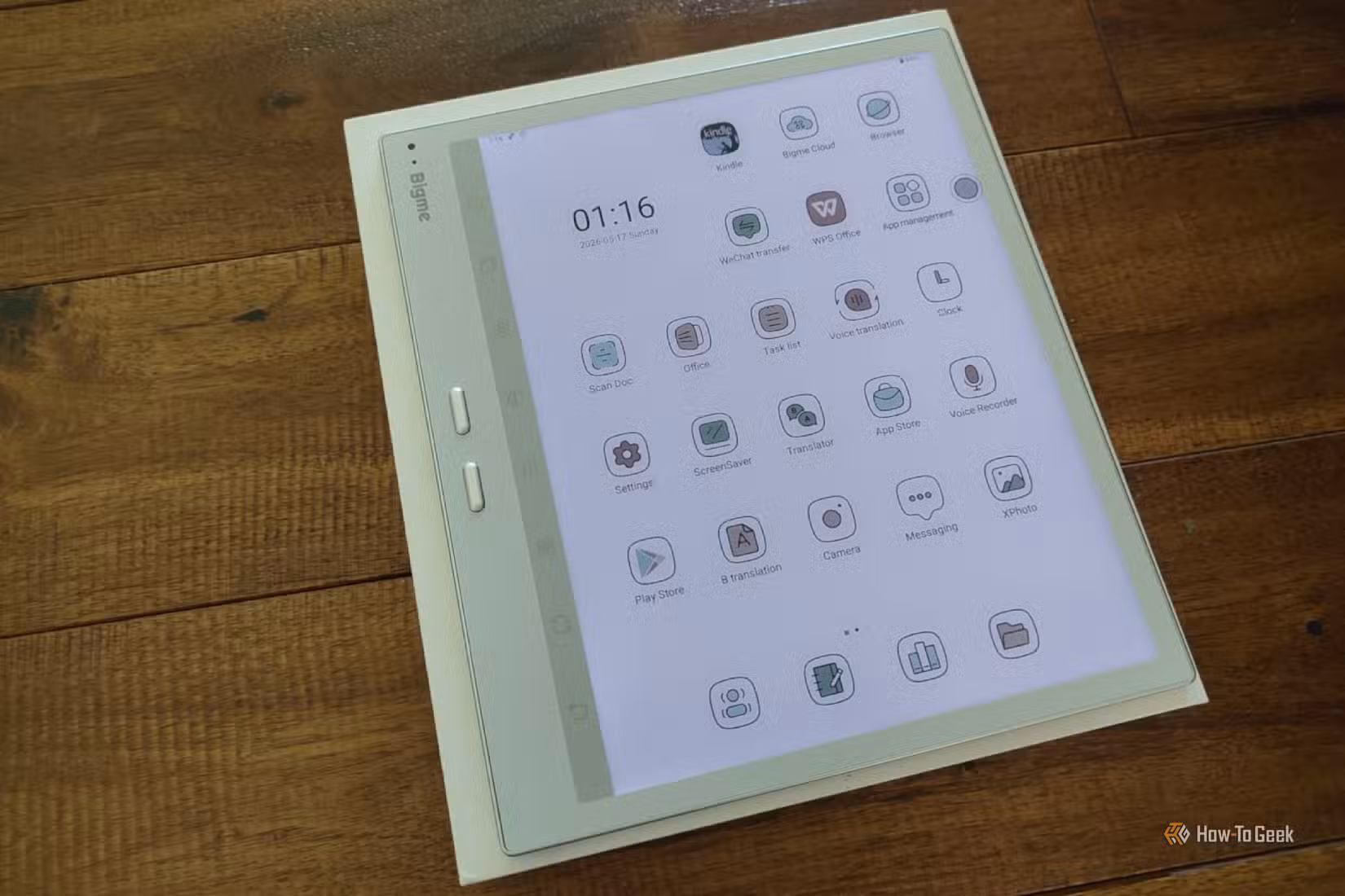 A Bigme B10 E Ink Android tablet on top of its packaging.