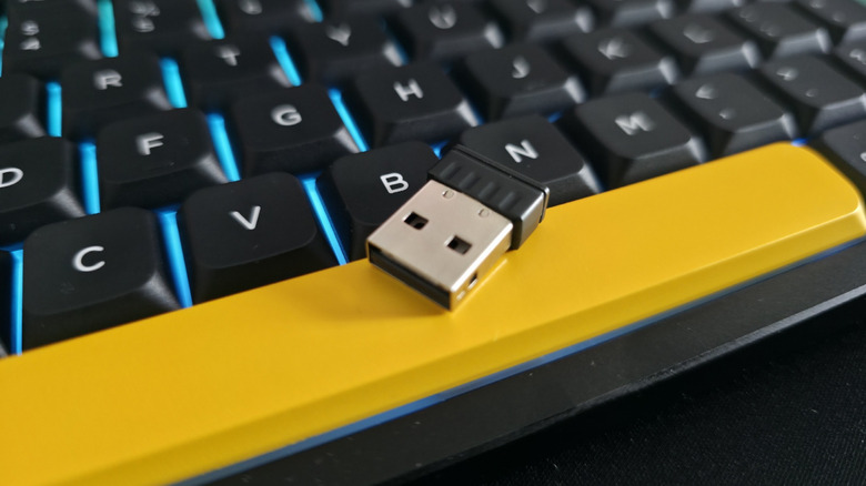 2.4GHz dongle posed on Nuphy Air75 V3 low-profile mechanical keyboard.
