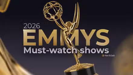 2026 Emmys trophy with text highlighting must-watch shows.
