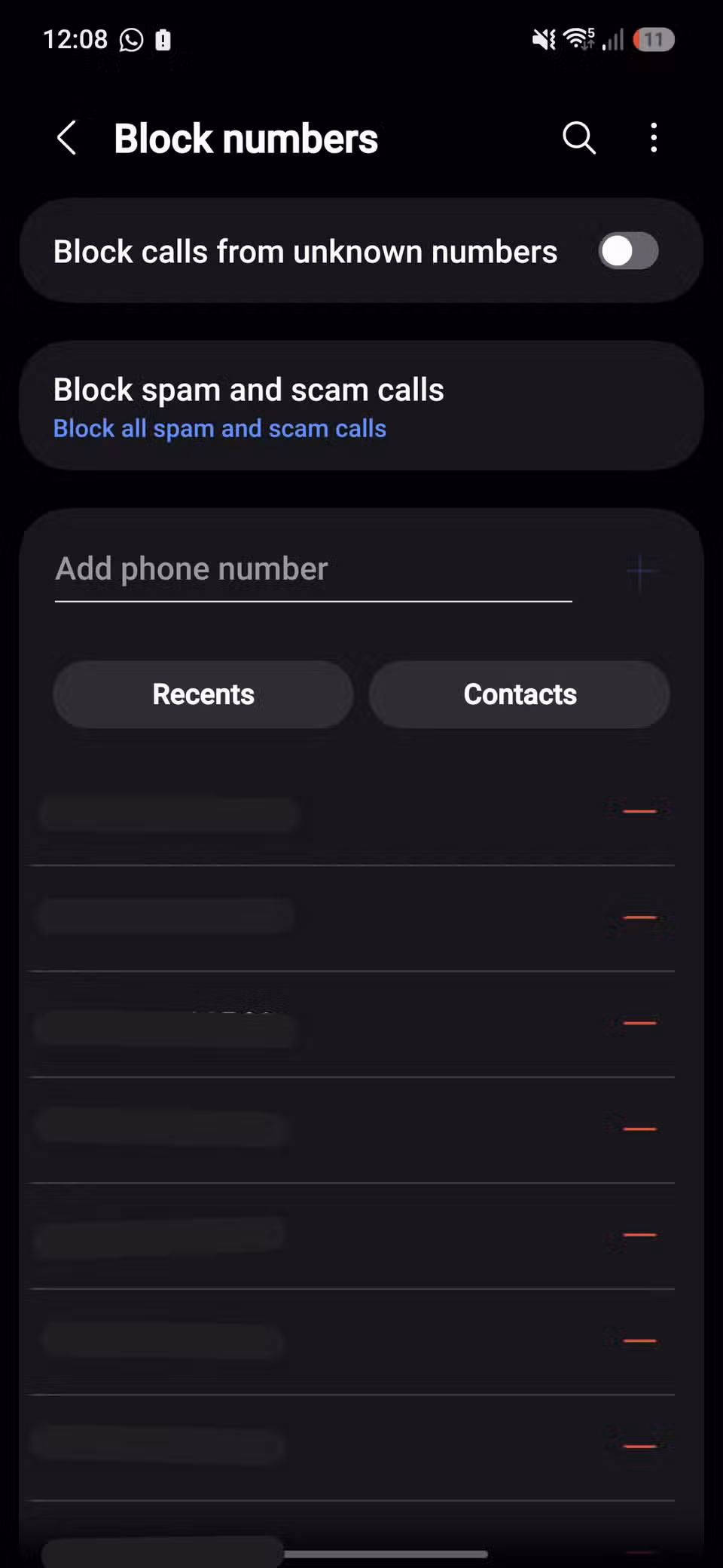 Screenshot of Samsung's blocked call settings