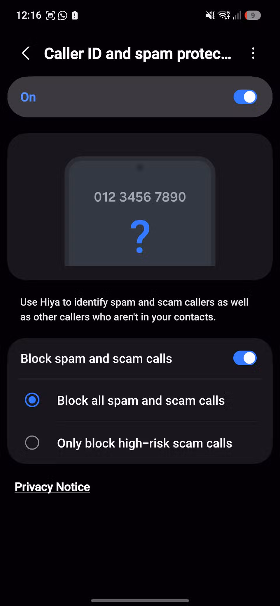 Screenshot of Samsung's Caller ID and spam protection settings