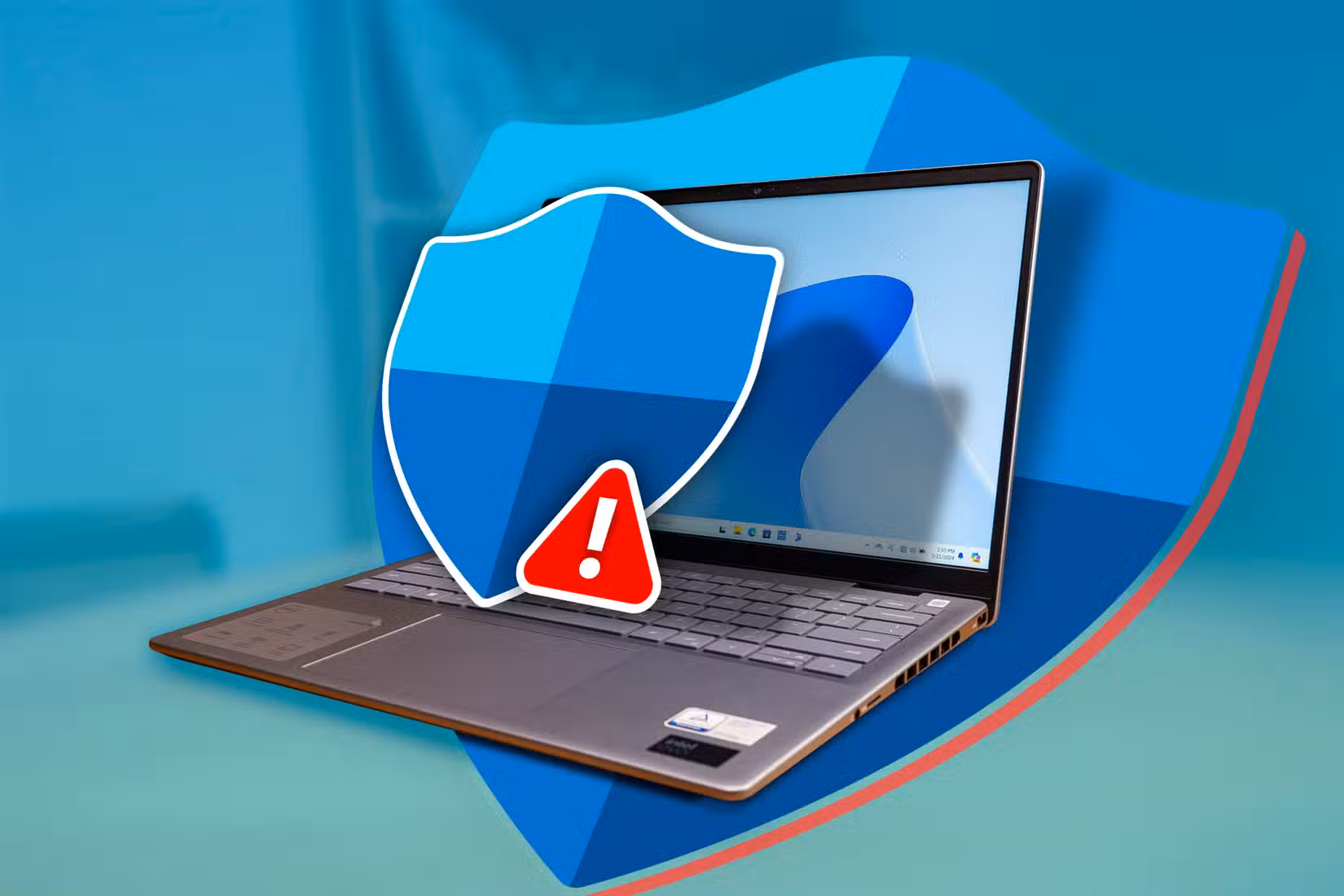 A laptop with the Windows Defender logo coming out of the screen.