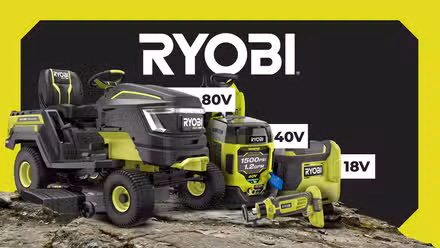 A lineup of Ryobi tools arranged on a rock, labeled 80V, 40V, and 18V.