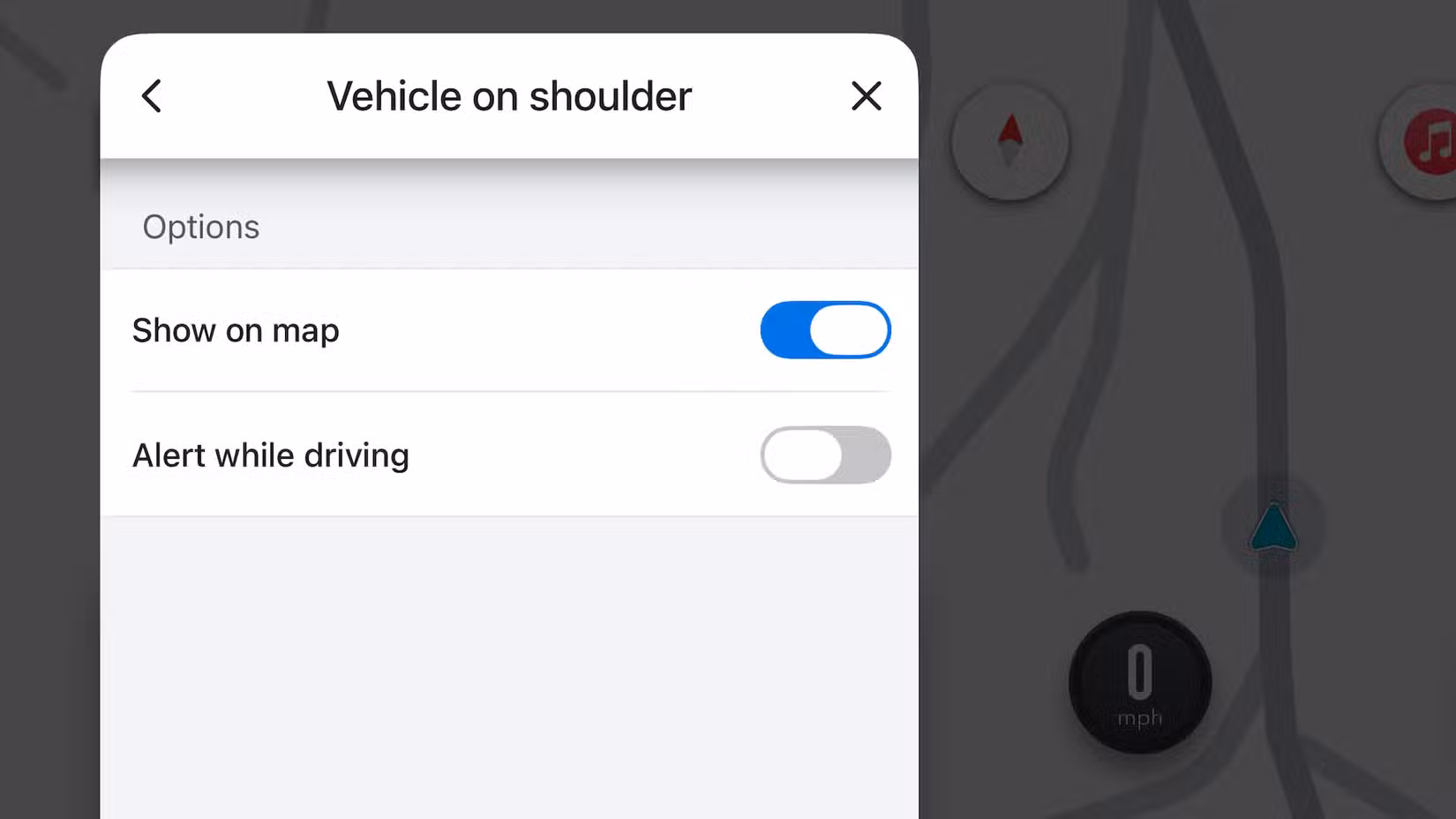 Alert when driving disabled for Vehicle on shoulder alerts in Waze.
