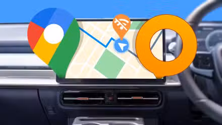 A car dashboard screen displaying a Google Maps route, with the Google Maps and OsmAnd logos and a Wi-Fi-off symbol.