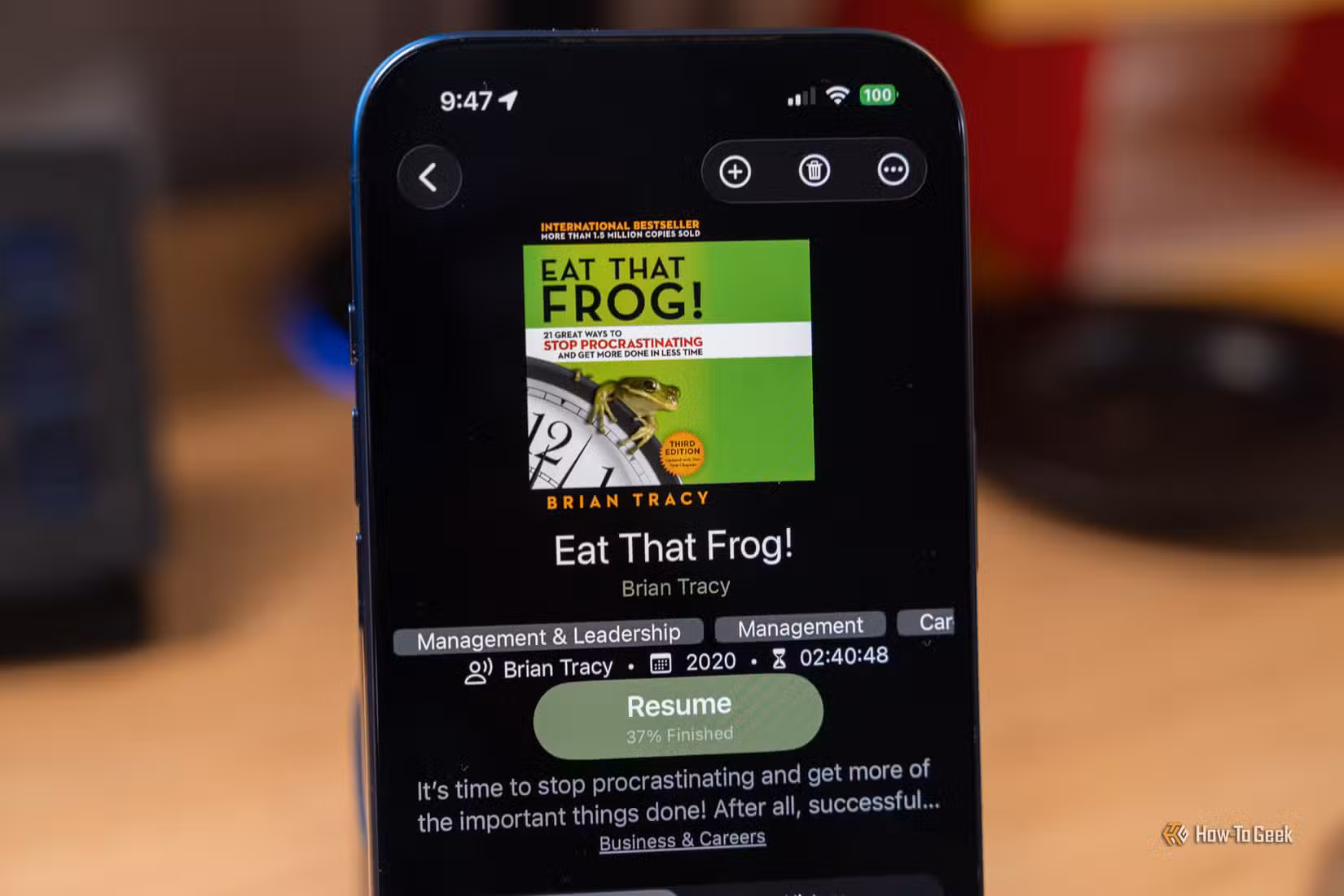 Audiobookshelf on iPhone showing Eat That Frog audiobook resume screen.