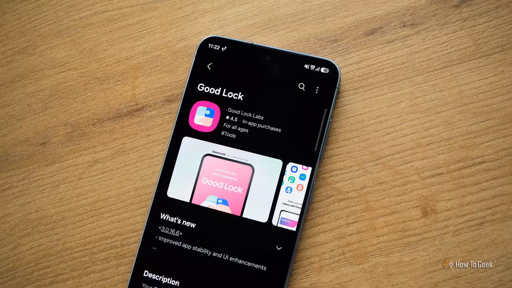 A Samsung Galaxy S25 lying on a table with the Good Lock page open in the Galaxy Store.