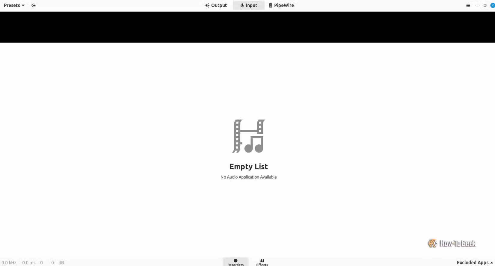 A heading says 'empty list' under the INPUT tab of Easy Effects.