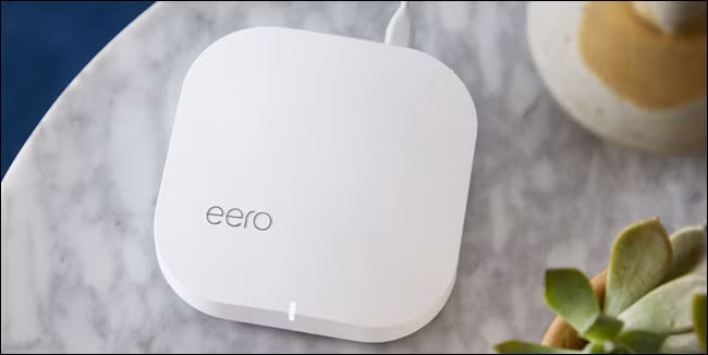 An eero Wi-Fi router sitting on a table next to a plant.