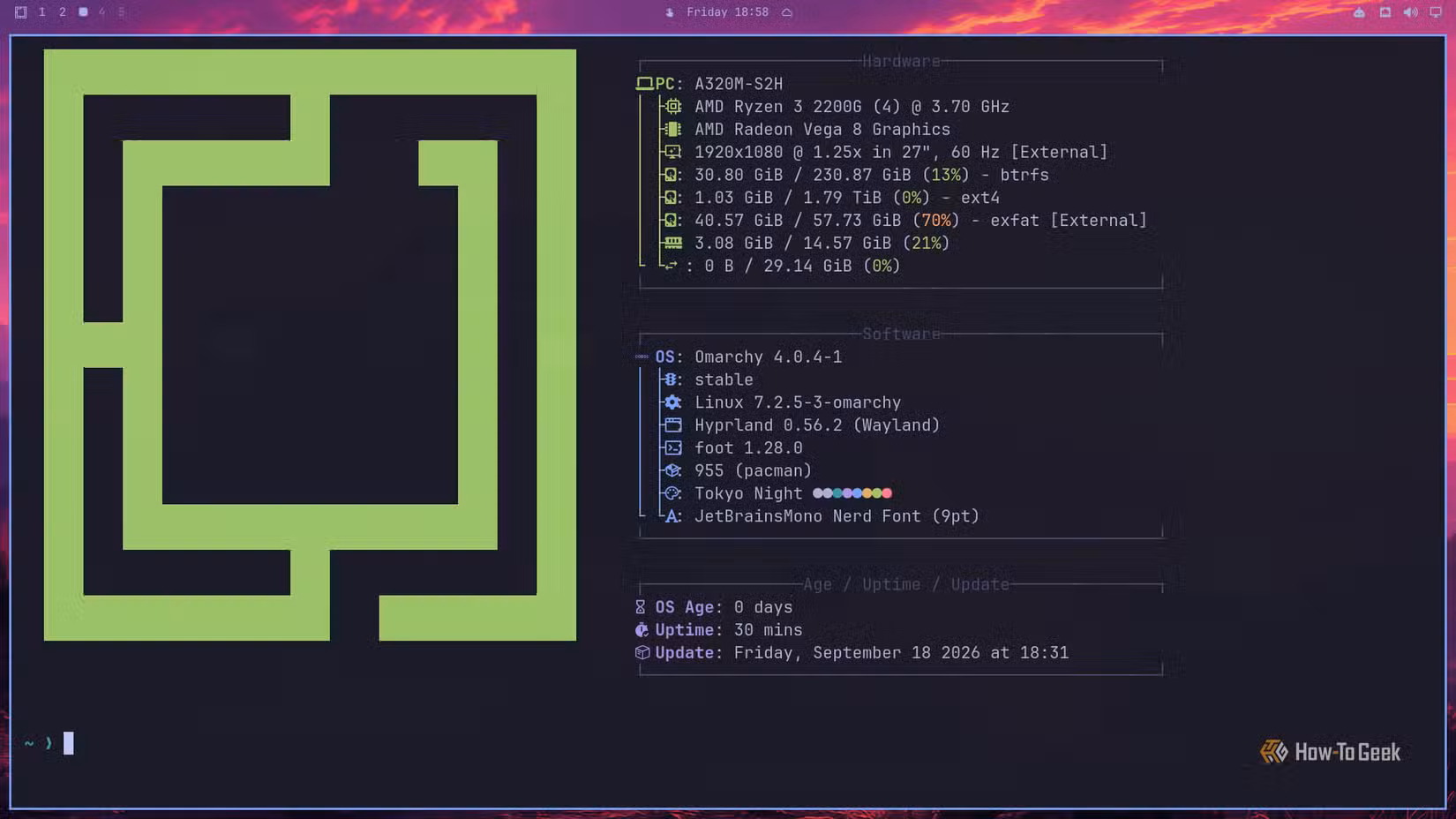 Fastfetch on the Ryzen 3 2200G bare-metal install showing Omarchy 4.0.4.
