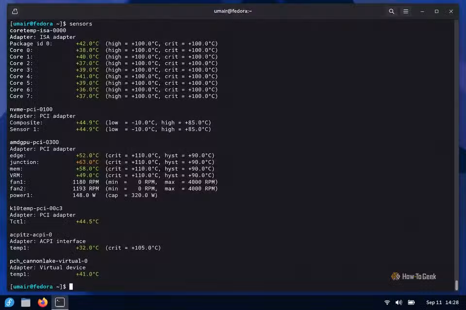 Fedora Terminal Sensor Readings