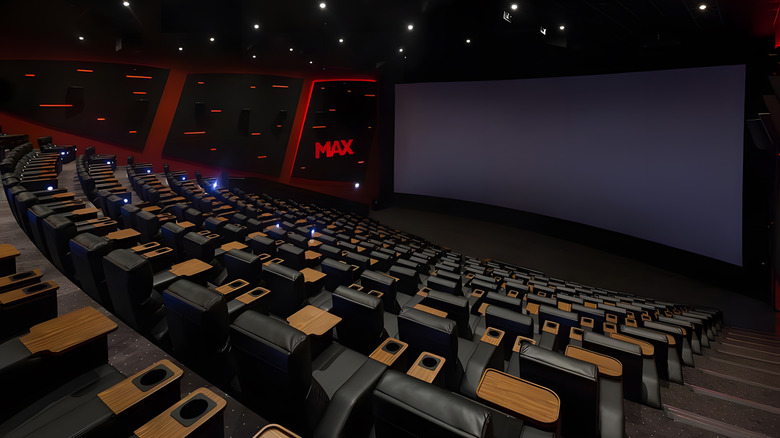 An empty IMAX movie theatre with screen and seats.