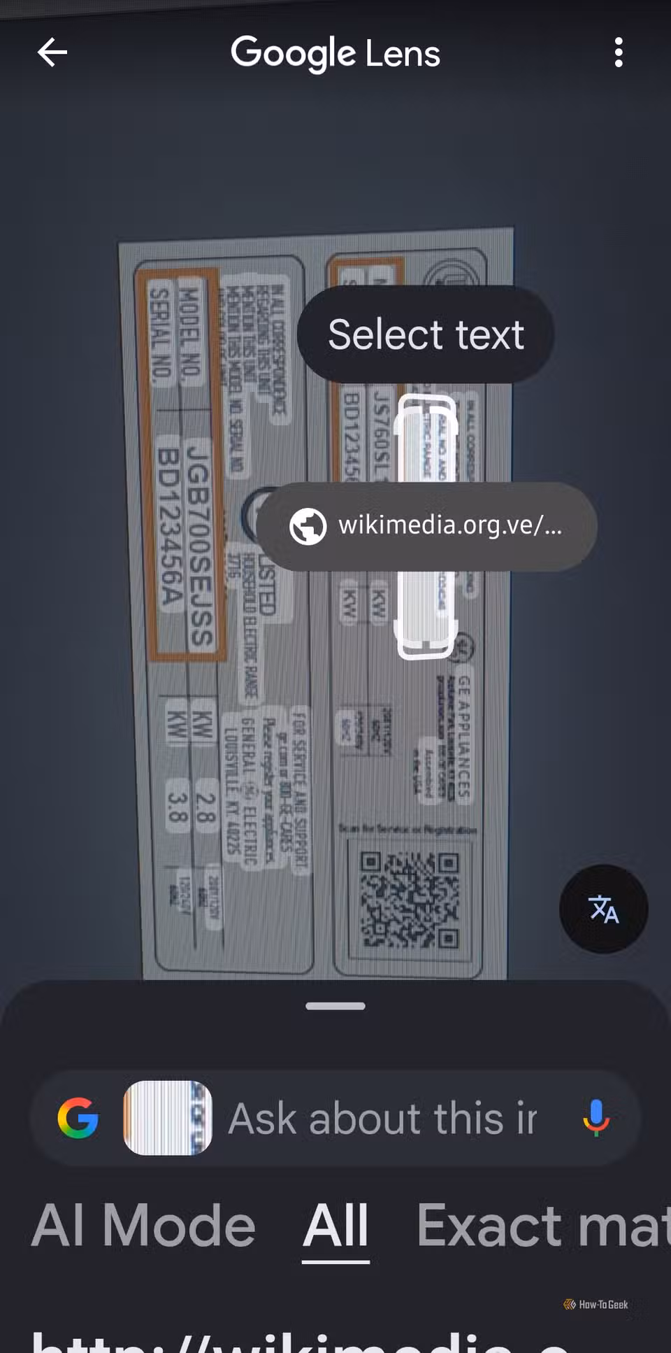 Getting model numbers and such using Google Lens