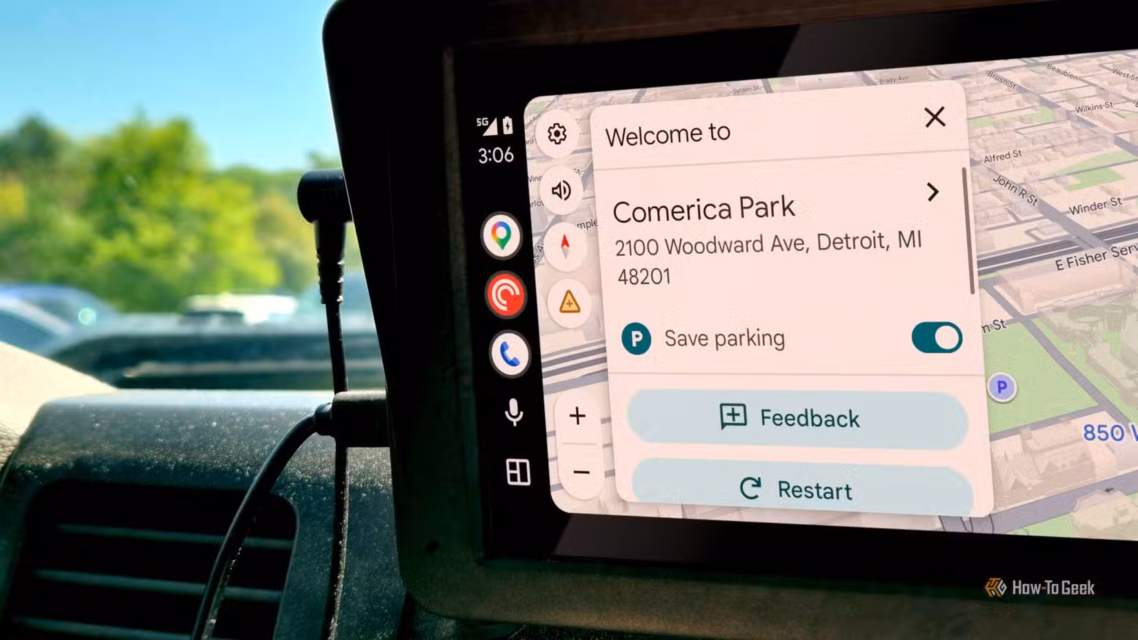 Google Maps on Android Auto showing how to turn on the save parking feature.