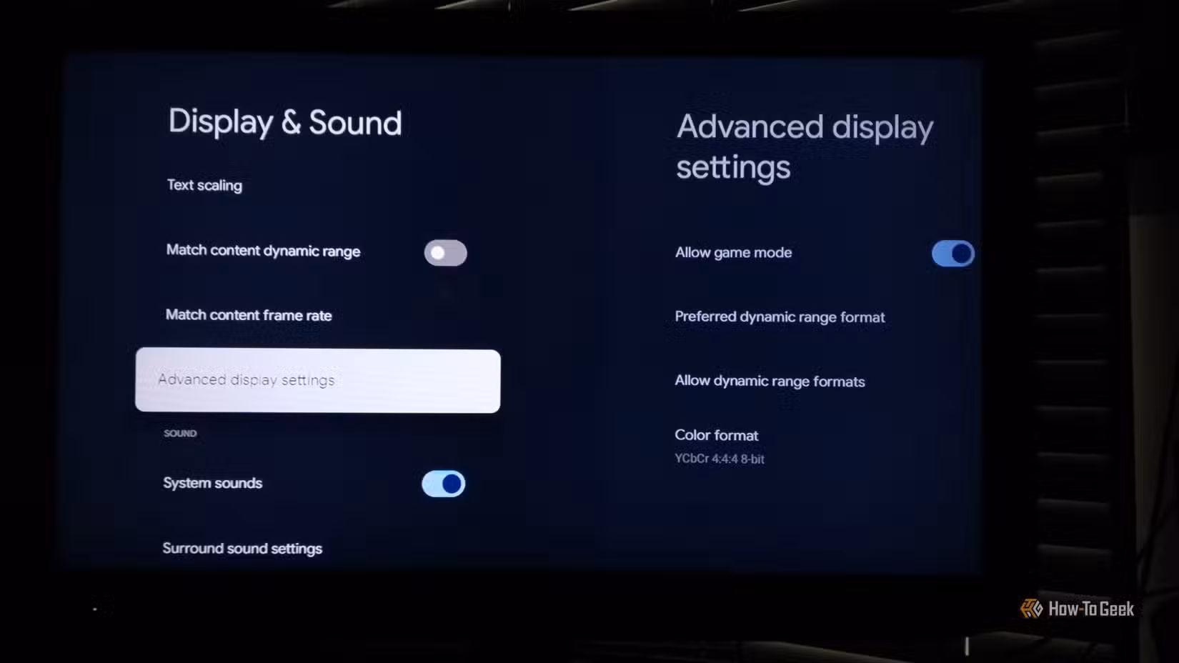 Photo of Chromecast + Google TV dongle showing display settings