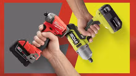 Hands holding a Milwaukee tool and a Ryobi tool against a split gray and yellow background.