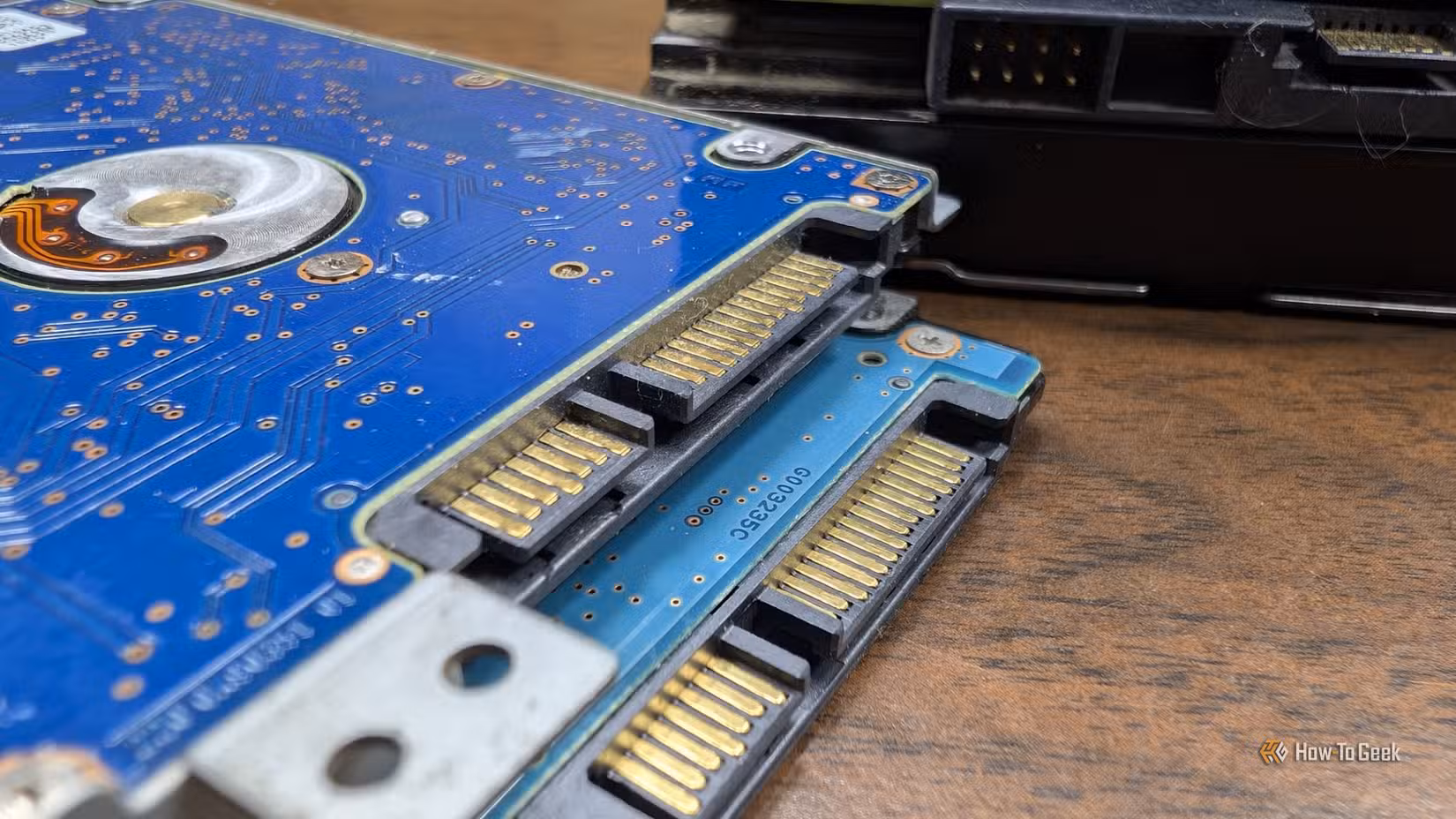 A closeup view of two laptop hard drive connectors. 
