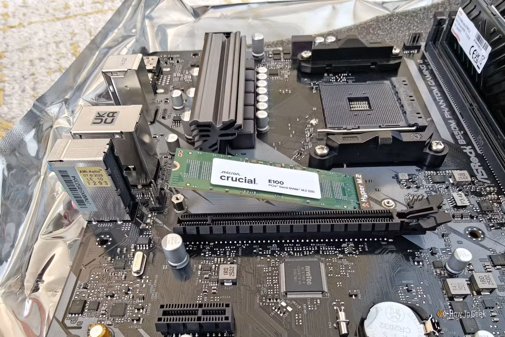 A crucial SSD inside of a motherboard for a gaming PC.