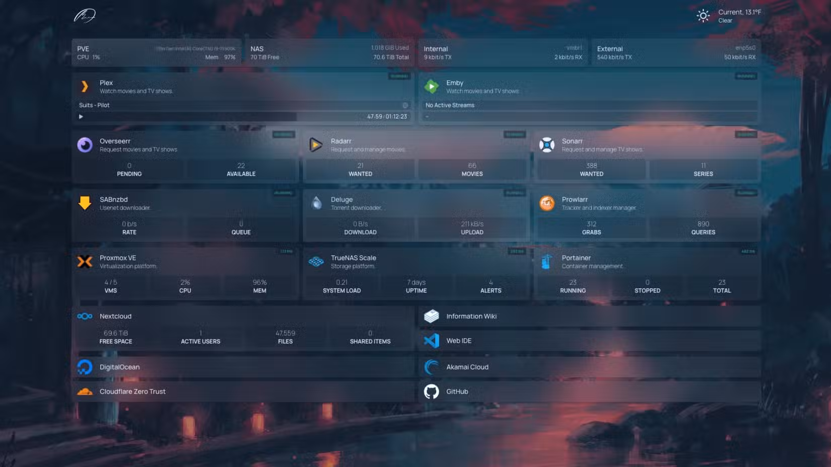 The Homepage self-hosted dashboard showing a bunch of services.
