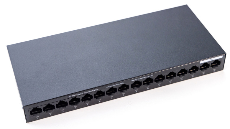 A 16-port Ethernet switch on a white background.