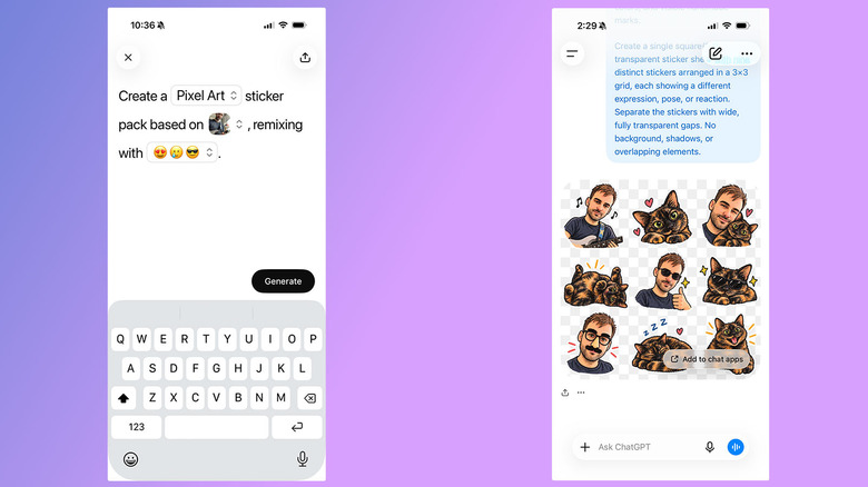 A pair of screenshots showing how to generate stickers for use in iMessage and WhatsApp.