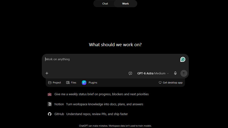 ChatGPT Work interface with GPT-6 Astra Medium selected from the model menu.