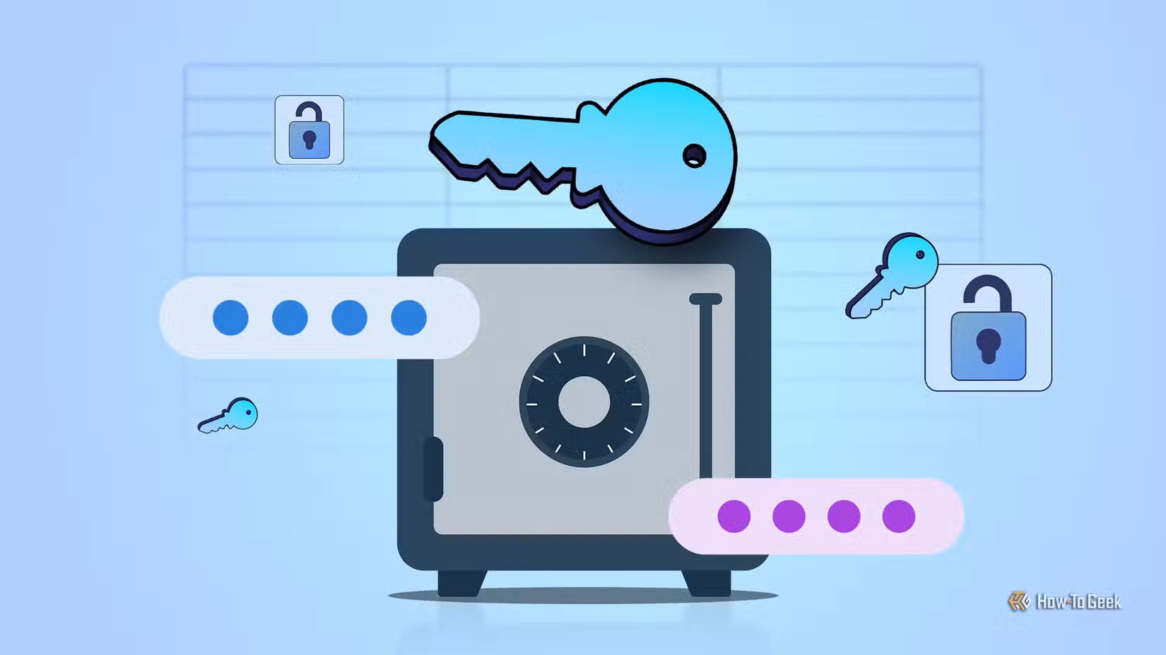 Illustration of a secure vault surrounded by keys, password dots, and lock icons.