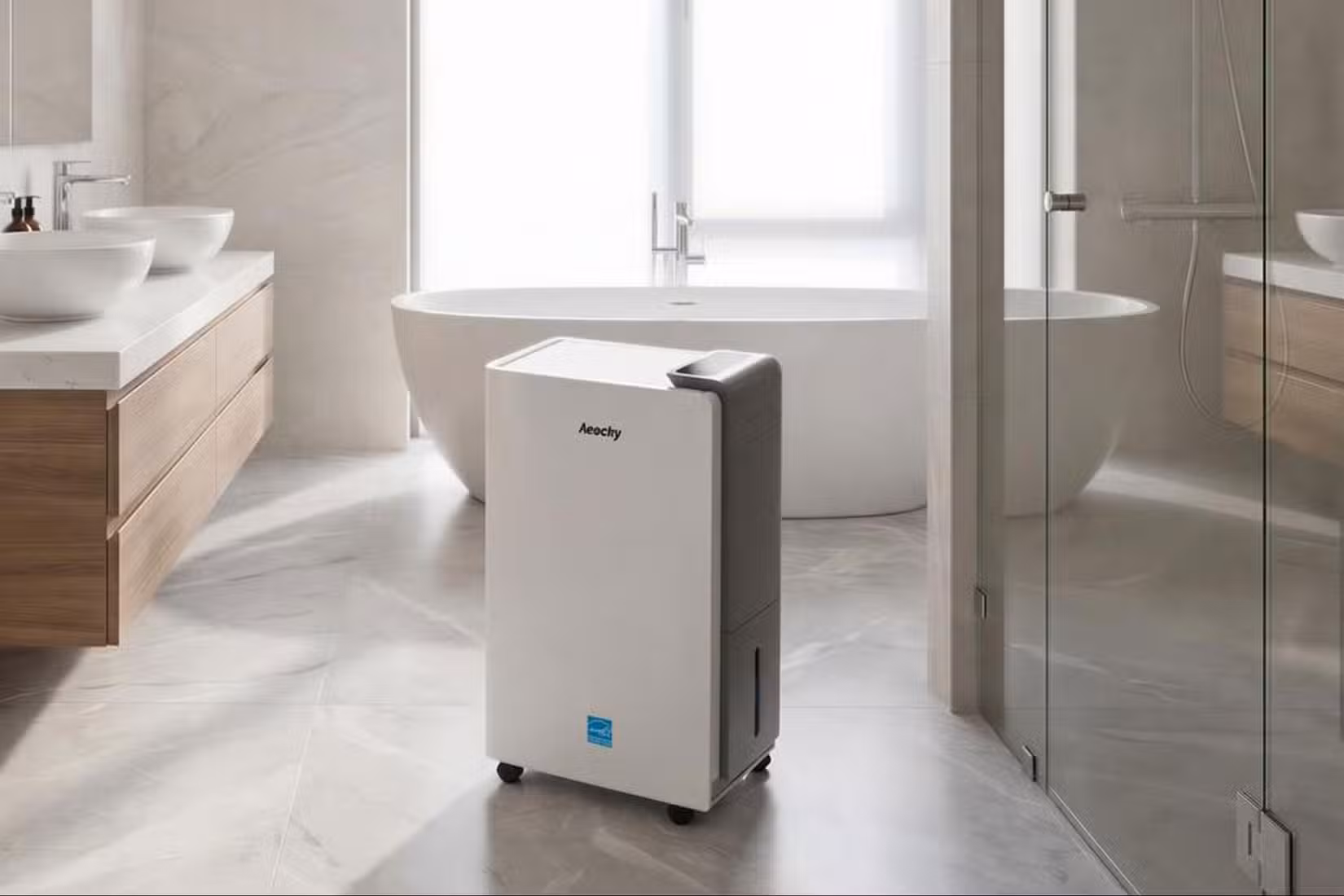 An Aeocky dehumidifier in a bathroom.