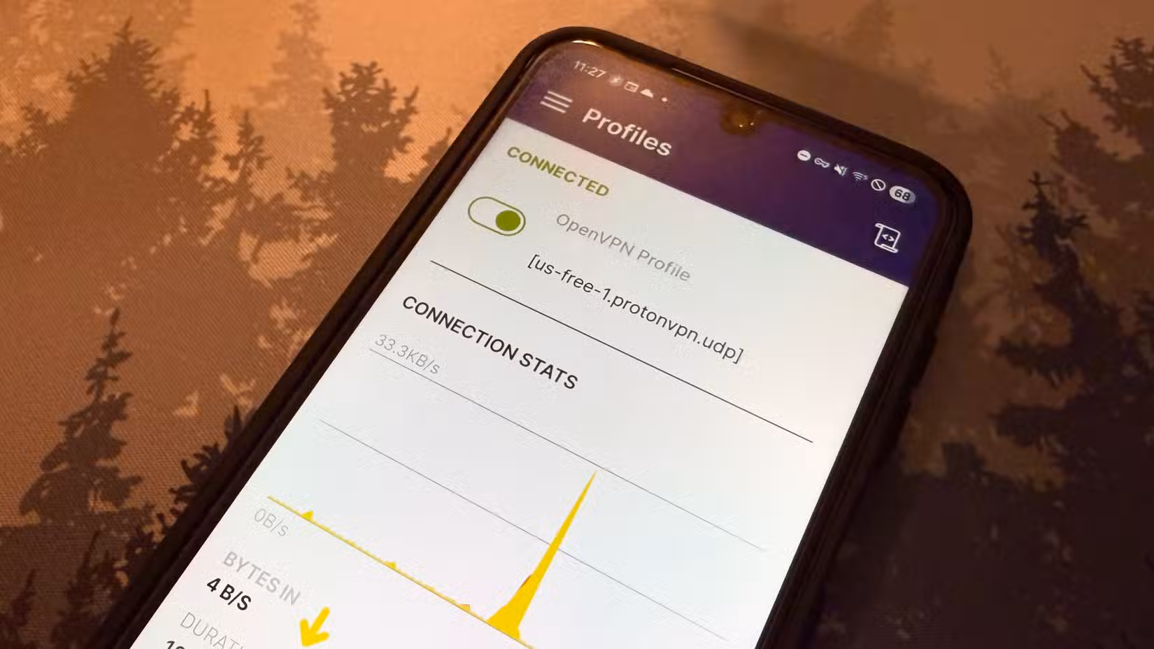 A VPN connection is enabled on an Android device.