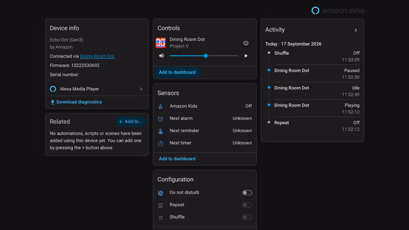 Information about an Echo Dot in the Alexa Media Player integration in Home Assistant.