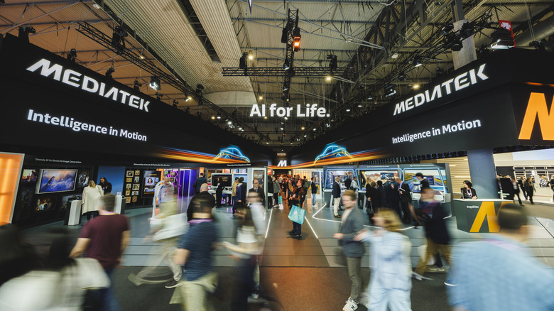 Image shows MediaTek's booth at Mobile World Congress in Barcelona, taken with slow exposure.