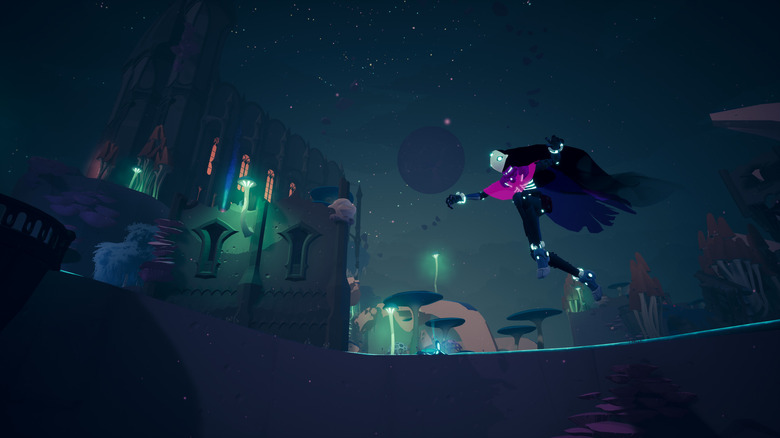 Screenshot of Solar Ash video game. An alien-seeming person with a purple top and long dark cloak-like hair mid-jump in front of a green-lit building and nature landscape.