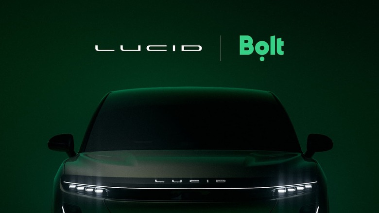 A car with a Lucid logo shown from the front. Lucid and Bolt logos appear above.