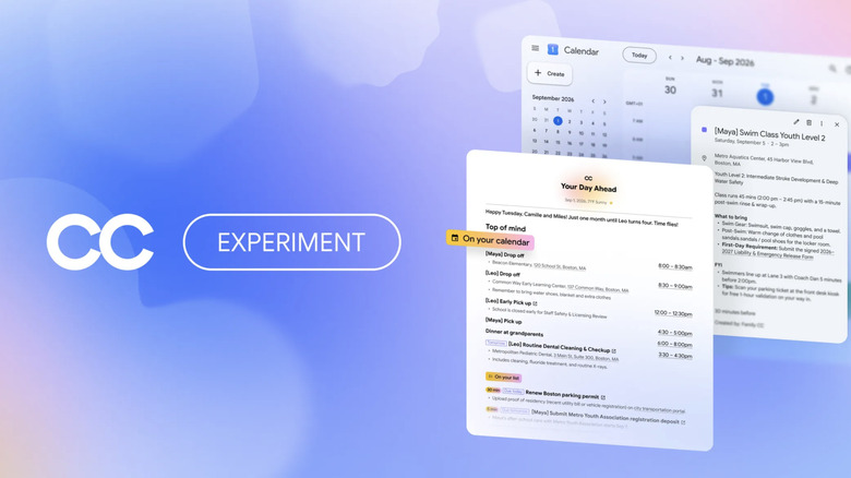 Illustration promoting Google's AI agent CC. Shows screens with the agent in use with an indigo gradient background.