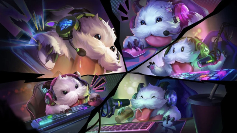 Illustration showing five poros from League of Legends wearing headsets, as if they are chatting in the game.