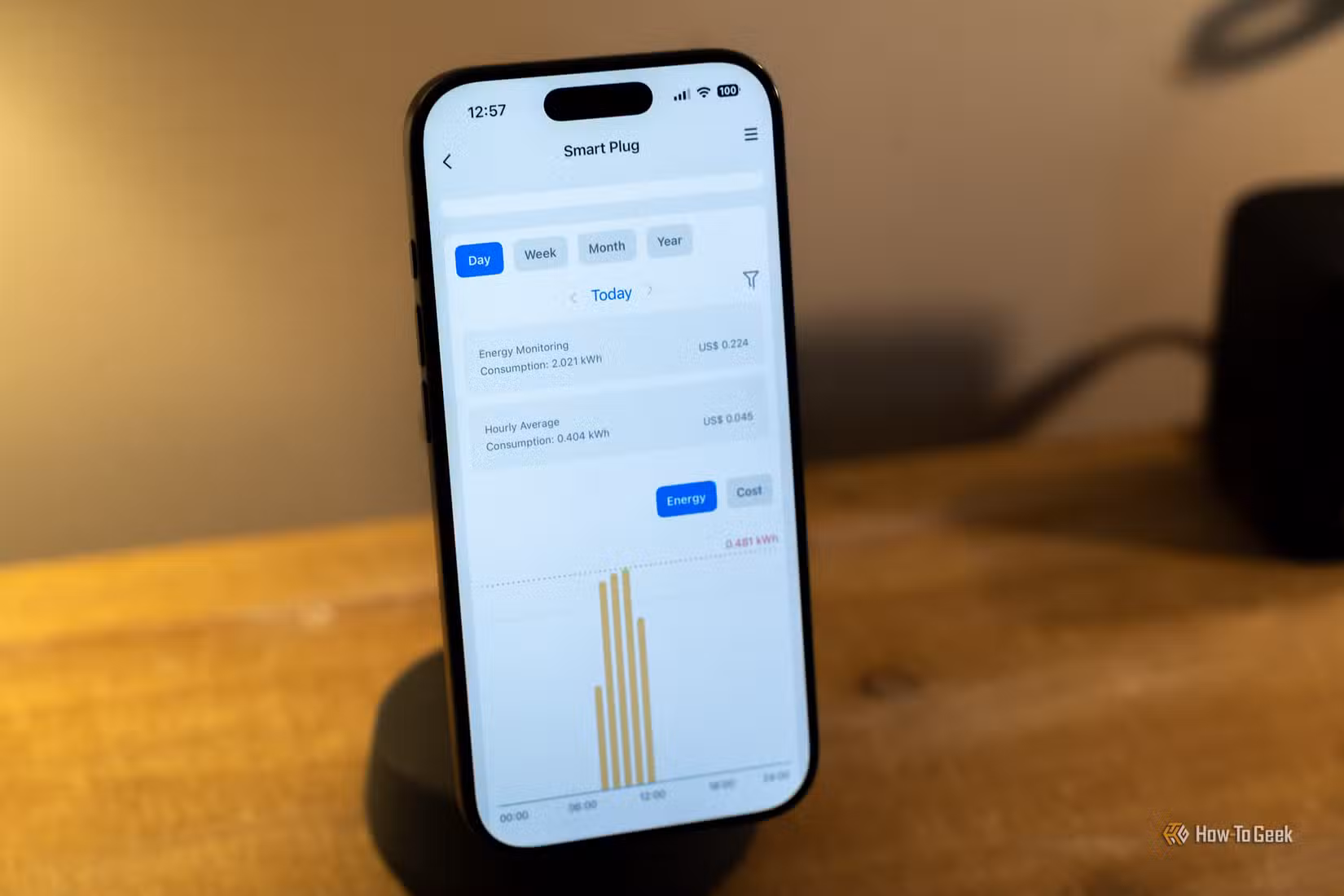 iPhone showing meross MSS315 daily energy monitoring chart for the smart plug.