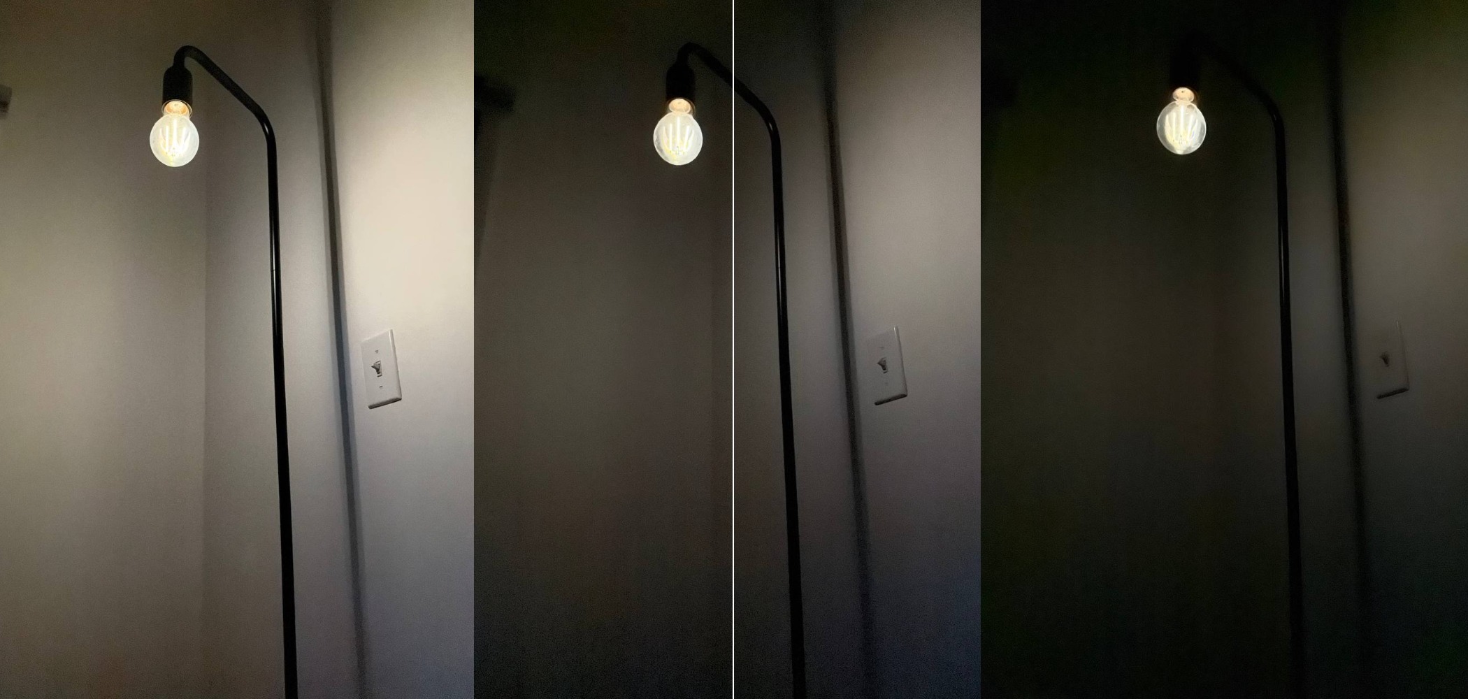 Three shots of a lamp with exposed bulb