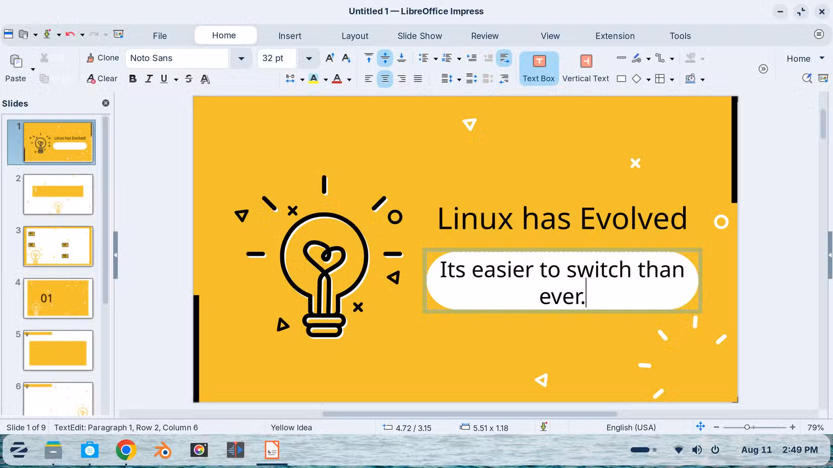 A screenshot of LibreOffice Impress with a slide showing a lightbulb on a yellow background. Linux has evolved text is present in black.