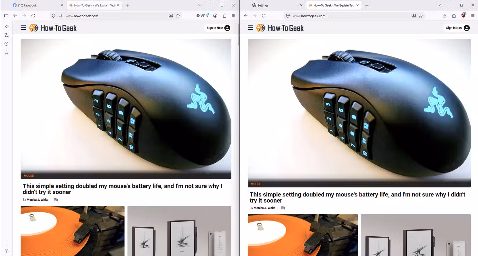 Firefox and LibreWolf display the same How-To Geek webpage side by side with nearly identical browser interfaces.