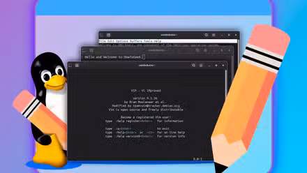 Linux mascot behind three text editors with a pencil in front.