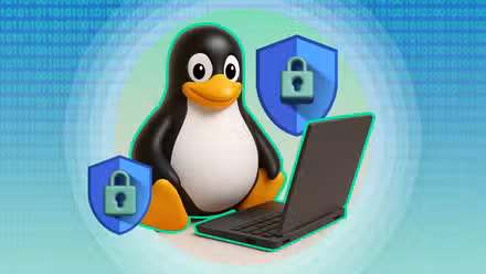 Linux mascot sitting next to a laptop with a security shield beside it.