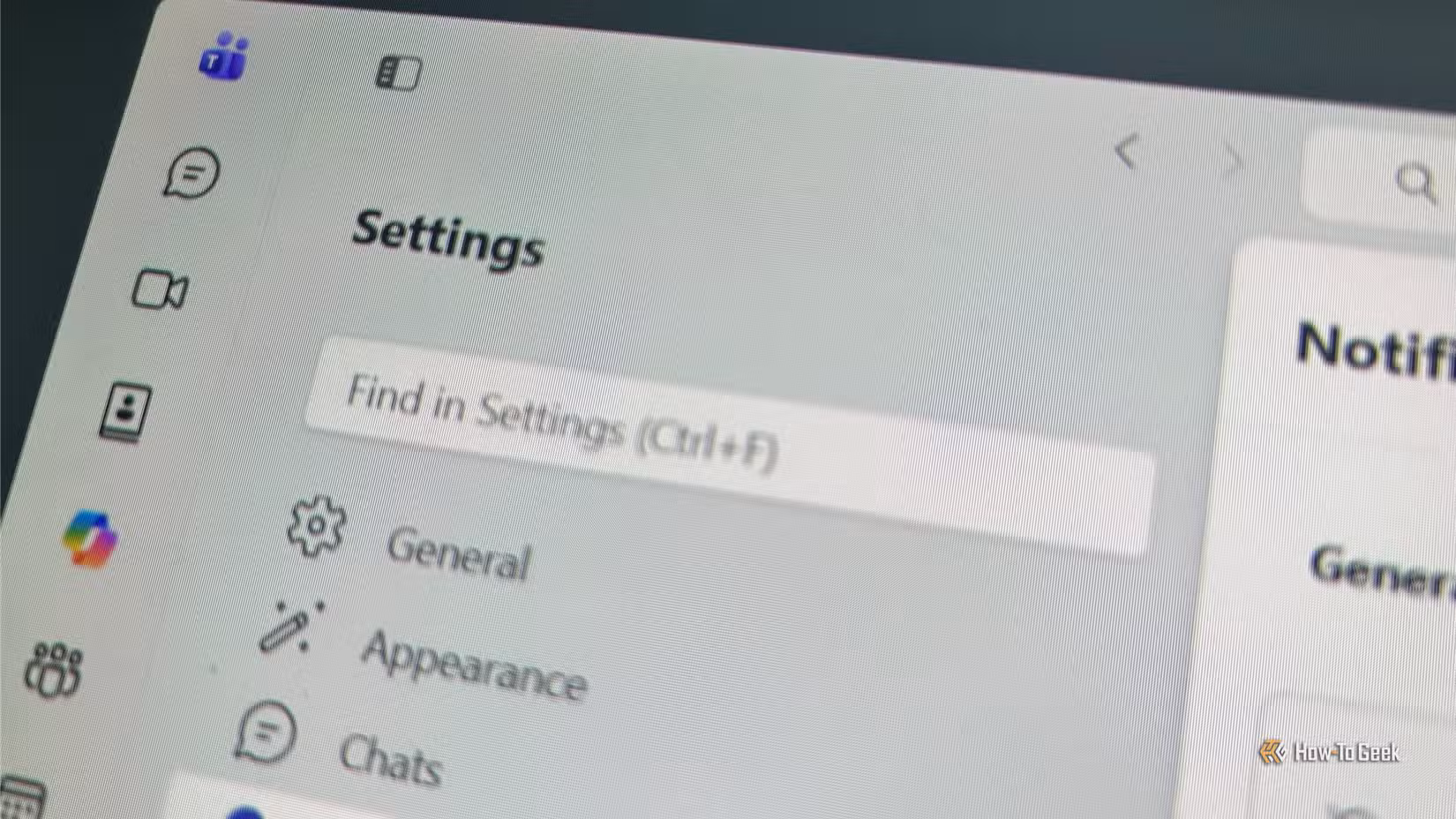 Microsoft Teams Windows 11 desktop app with the Settings menu opened.