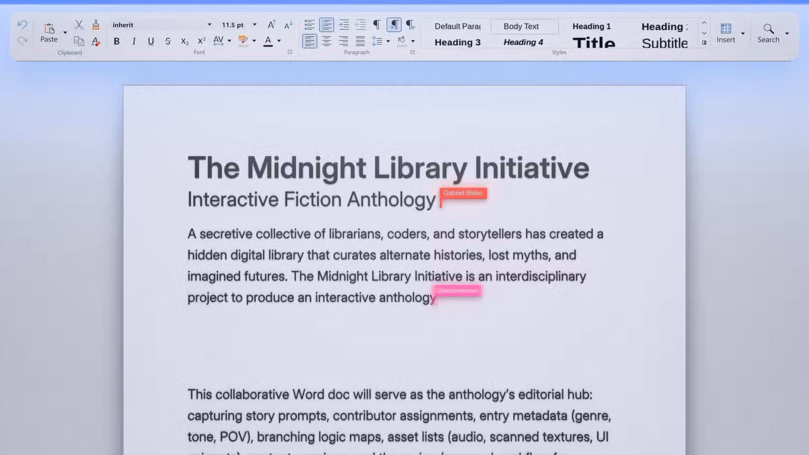Nextcloud document editor showing a collaborative “Midnight Library Initiative” document with editing and formatting tools across the top.