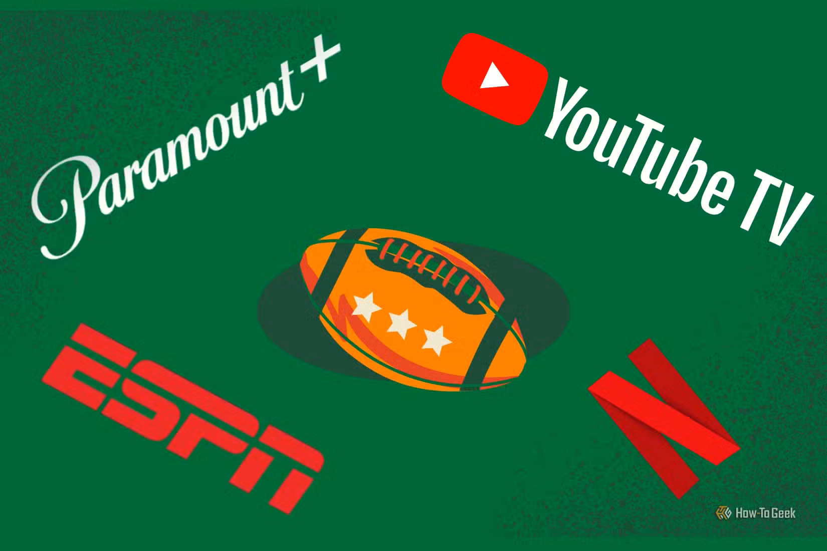 Logos for Paramount+, YouTube TV, ESPN, and Netflix in front of a custom background.