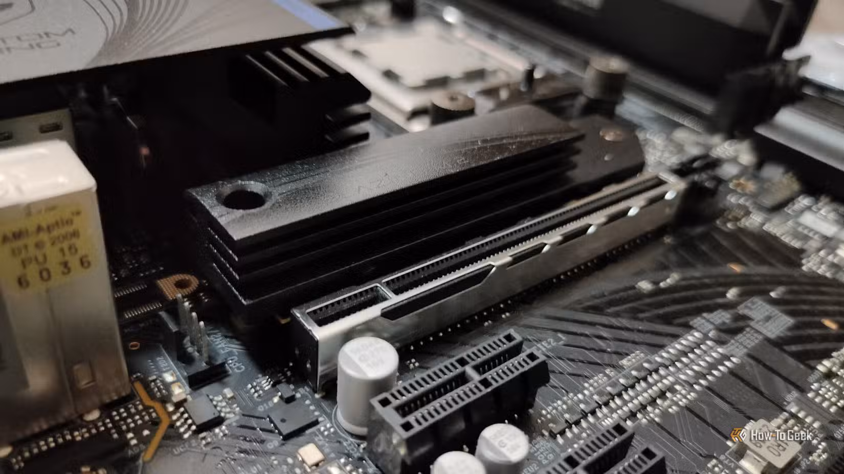 An NVMe SSD heatsink that came stock with a motherboard.