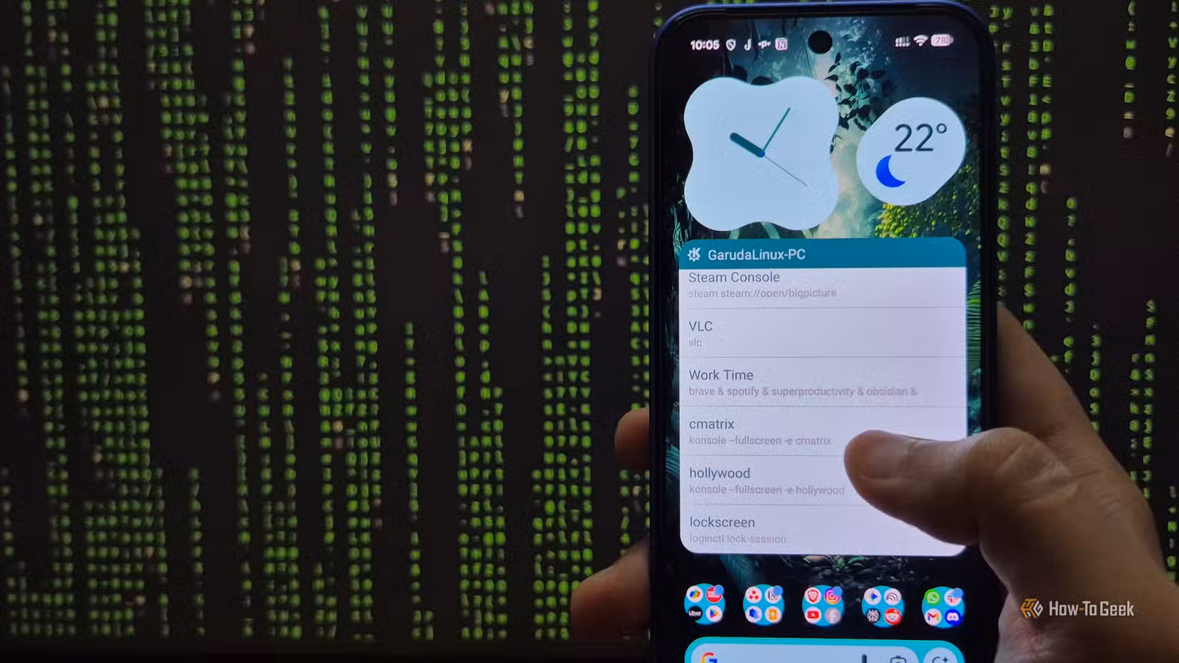 Pixel 10 in hand with KDE Connect widget open triggering cmatrix remotely on Linux PC.