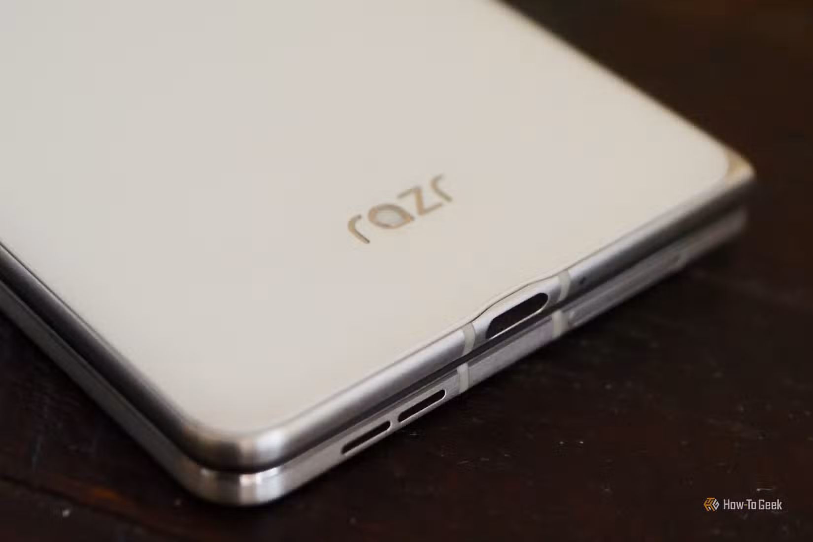 Razr logo on the back of a Moto Razer Fold. 
