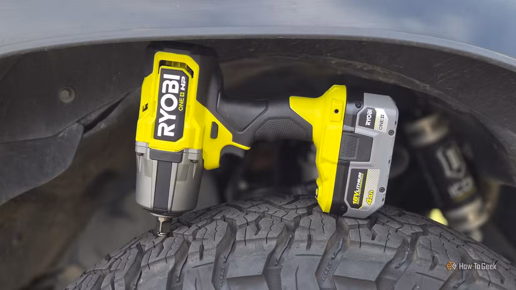 Ryobi impact wrench on a truck tire