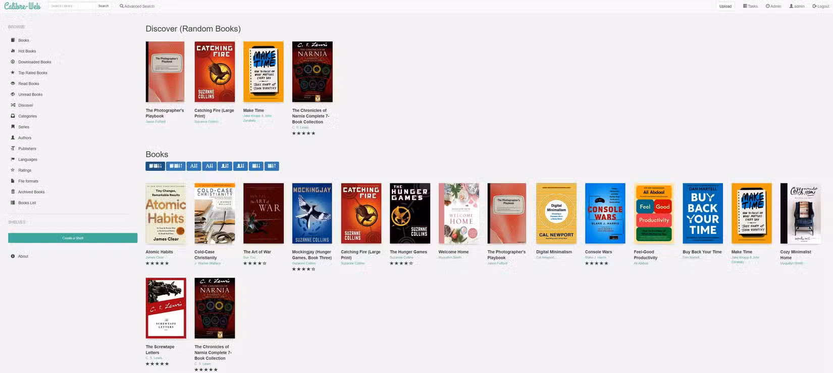 The Calibre Web interface on a desktop showing several books available to be read.